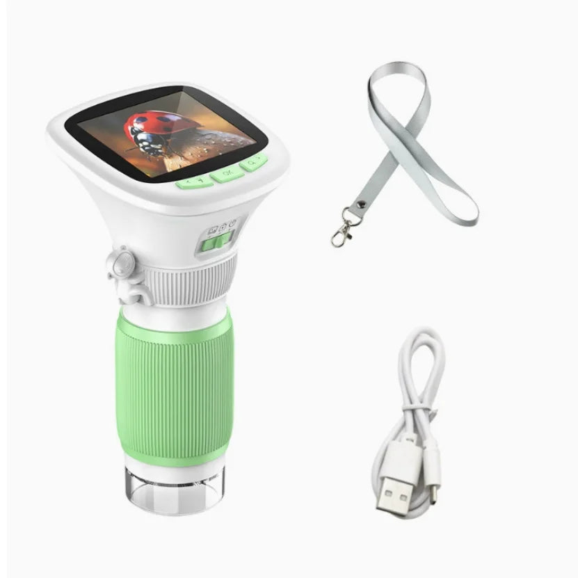 A user holding a compact VelmoraMart LED pocket microscope to examine a leaf in a garden