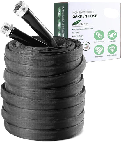 Lightweight garden hose 50ft coiled in a green lawn