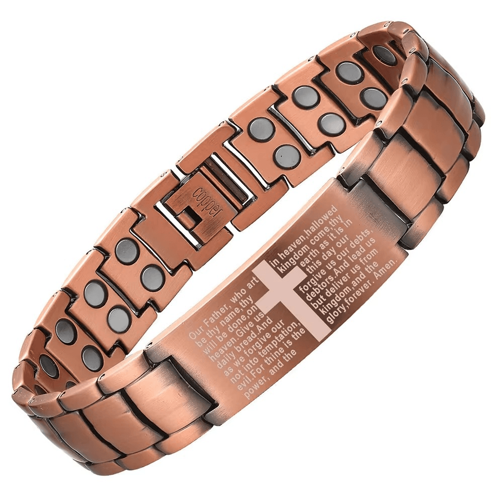 Copper magnetic bracelet with engraved text on a white background