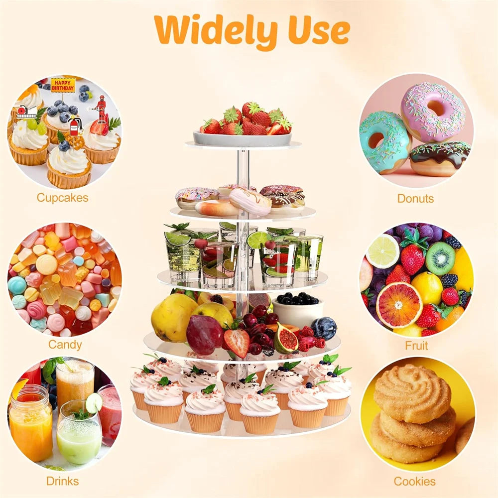 Close-up of clear acrylic cupcake tier stands showing dessert arrangement.