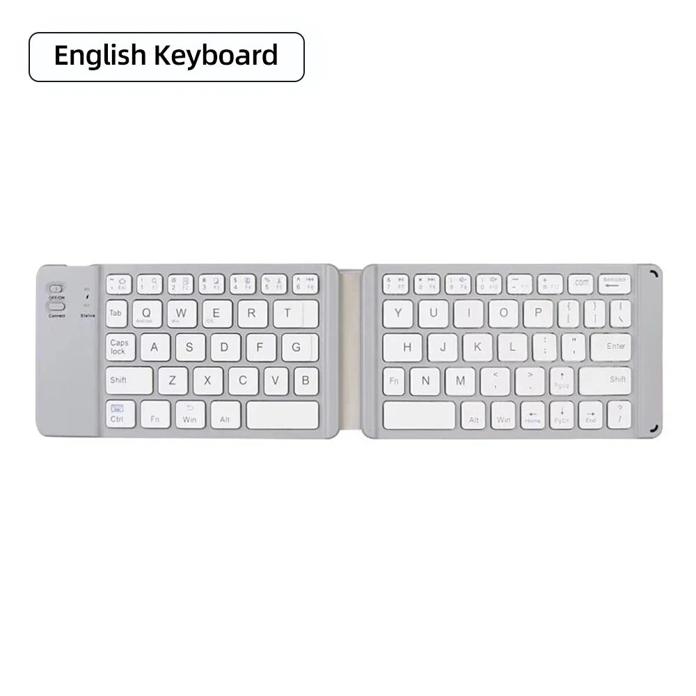 A premium foldable keyboard set up on a mobile desk for travel.