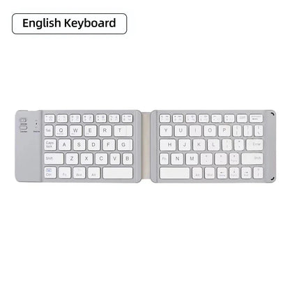 A premium foldable keyboard set up on a mobile desk for travel.