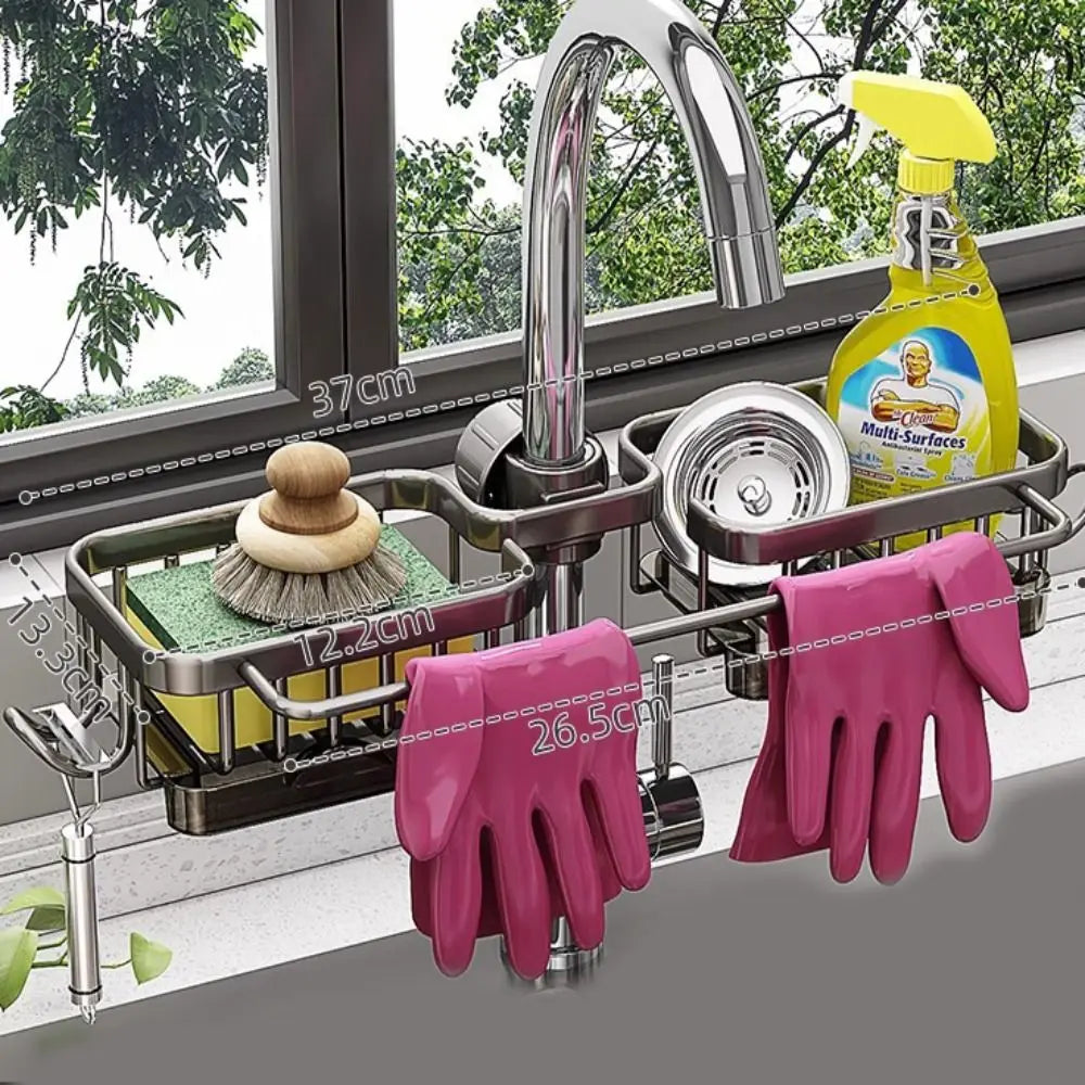 Kitchen sink organizer faucet storage rack by VelmoraMart for keeping soap, sponges, brushes and kitchen sink essentials neatly organized