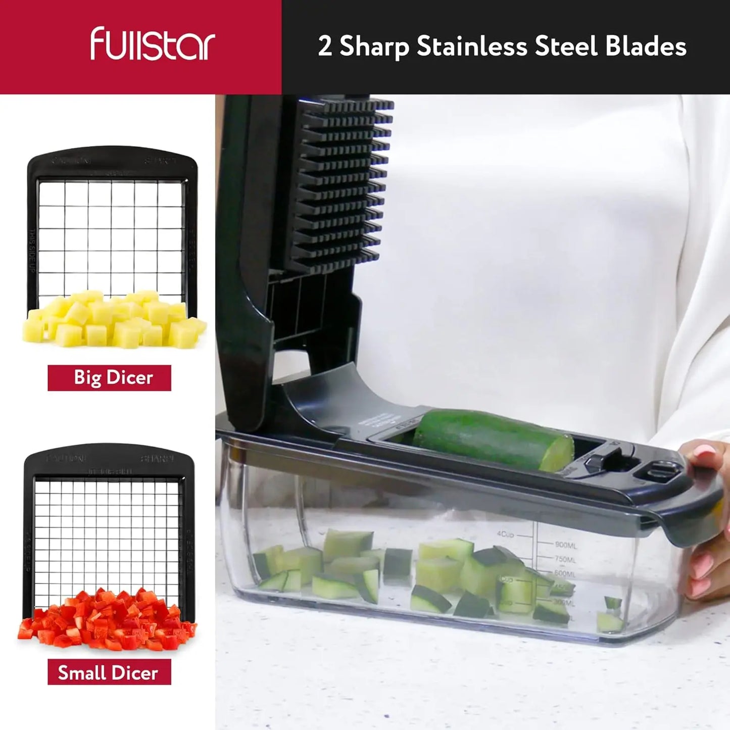 Manual vegetable food cutter with interchangeable stainless steel dicing blades