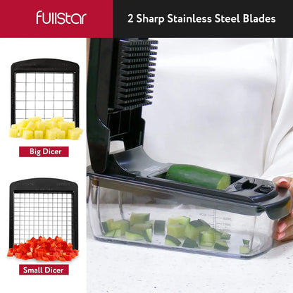 Manual vegetable food cutter with interchangeable stainless steel dicing blades