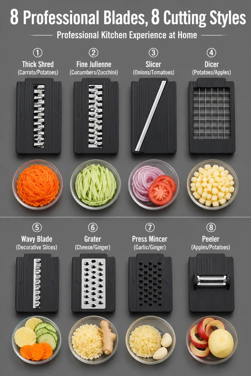 Manual vegetable chopper slicing fresh vegetables on a kitchen counter