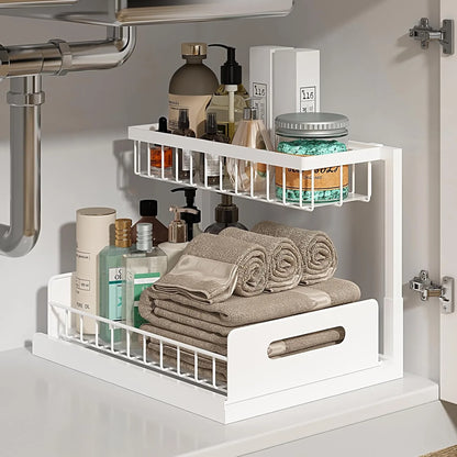 Under kitchen sink organizer with 2-tier sliding drawers for kitchen and bathroom storage, pull-out cabinet organizer for cleaning supplies by VelmoraMart