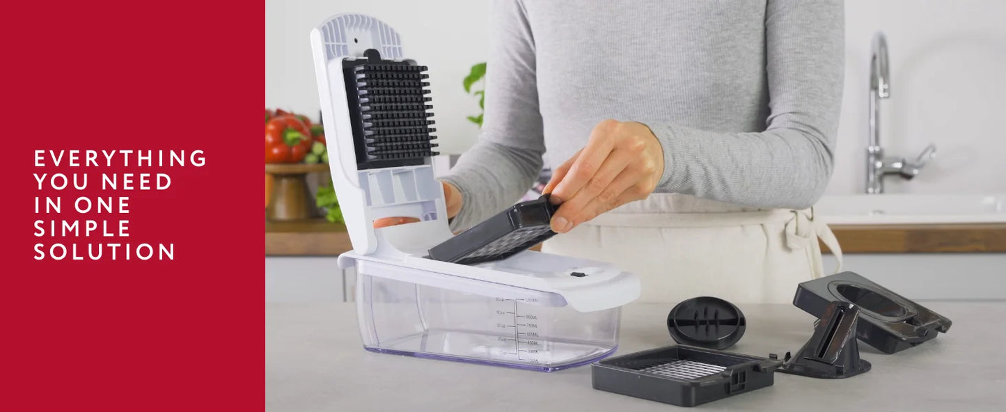 Manual vegetable food cutter with interchangeable stainless steel dicing blades