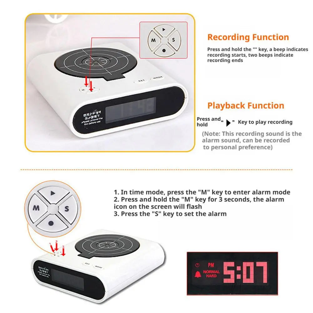 VelmoraMart target alarm clock on a nightstand with an infrared blaster, showing the interactive shooting target feature