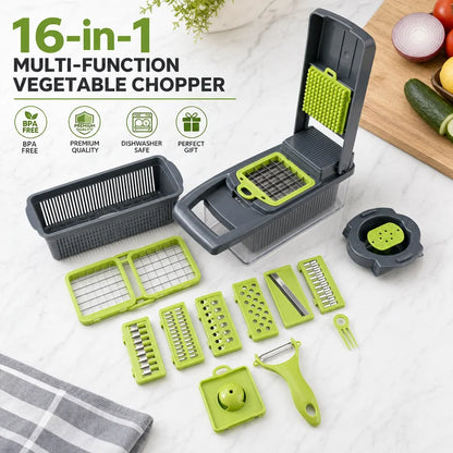 Manual vegetable chopper slicing fresh vegetables on a kitchen counter