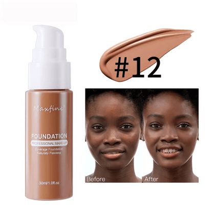 foundation bottle with a swatch, before and after application on a model, and color #12.