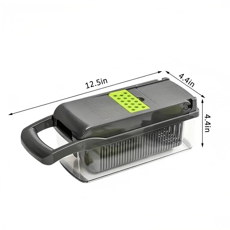 Manual vegetable chopper slicing fresh vegetables on a kitchen counter