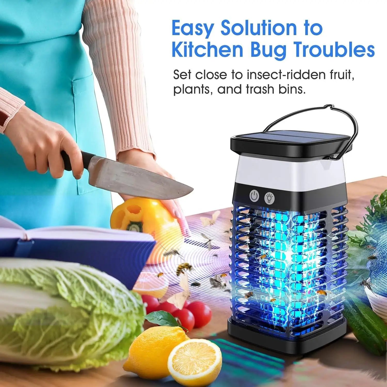 VelmoraMart solar bug zapper providing effective outdoor pest control in a garden setting