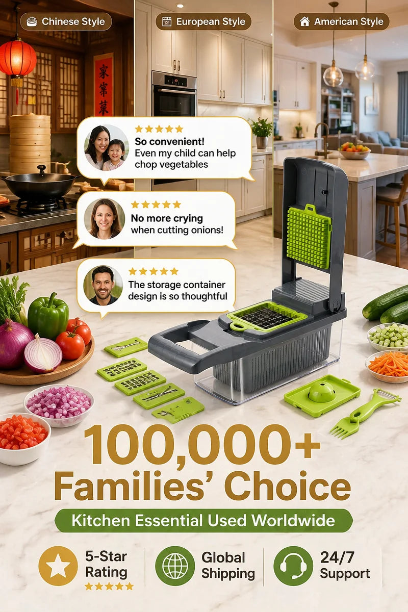 Manual vegetable chopper slicing fresh vegetables on a kitchen counter