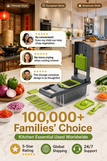 Manual vegetable chopper slicing fresh vegetables on a kitchen counter