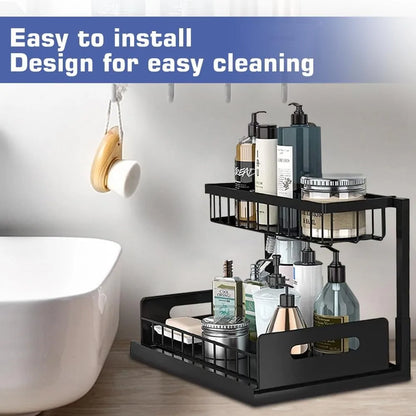 Under kitchen sink organizer with 2-tier sliding drawers for kitchen and bathroom storage, pull-out cabinet organizer for cleaning supplies by VelmoraMart