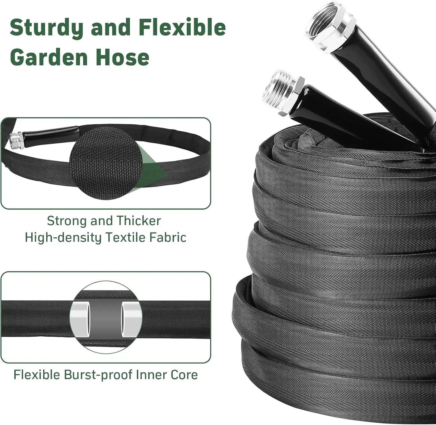Lightweight garden hose 50ft coiled in a green lawn