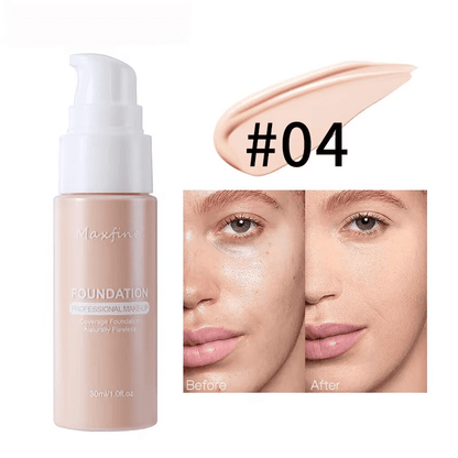 foundation bottle with a swatch and before/after comparison on a white background