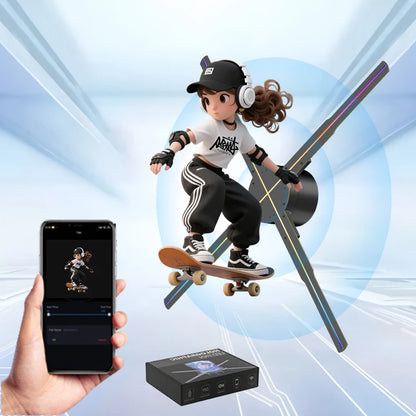 VelmoraMart 3D hologram projector display showing a floating LED animation in a modern retail space.