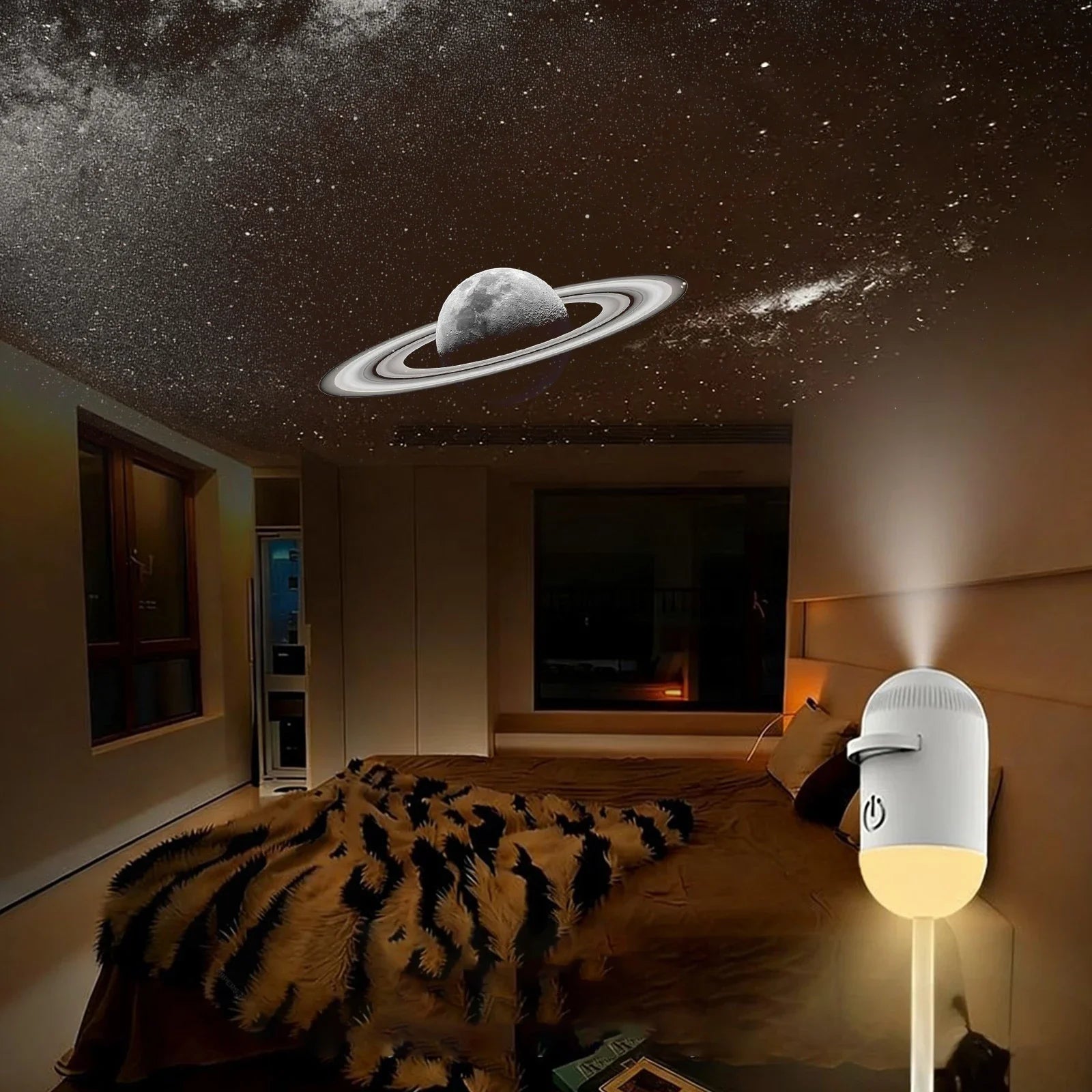VelmoraMart Star Projector casting a beautiful galaxy nebula and stars onto a bedroom ceiling.