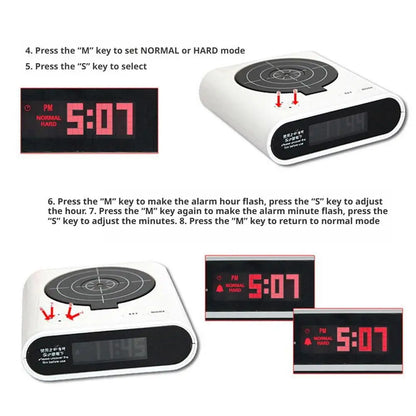 VelmoraMart target alarm clock on a nightstand with an infrared blaster, showing the interactive shooting target feature