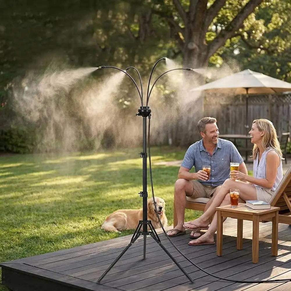VelmoraMart outdoor misting system installed on a wooden patio providing cooling mist