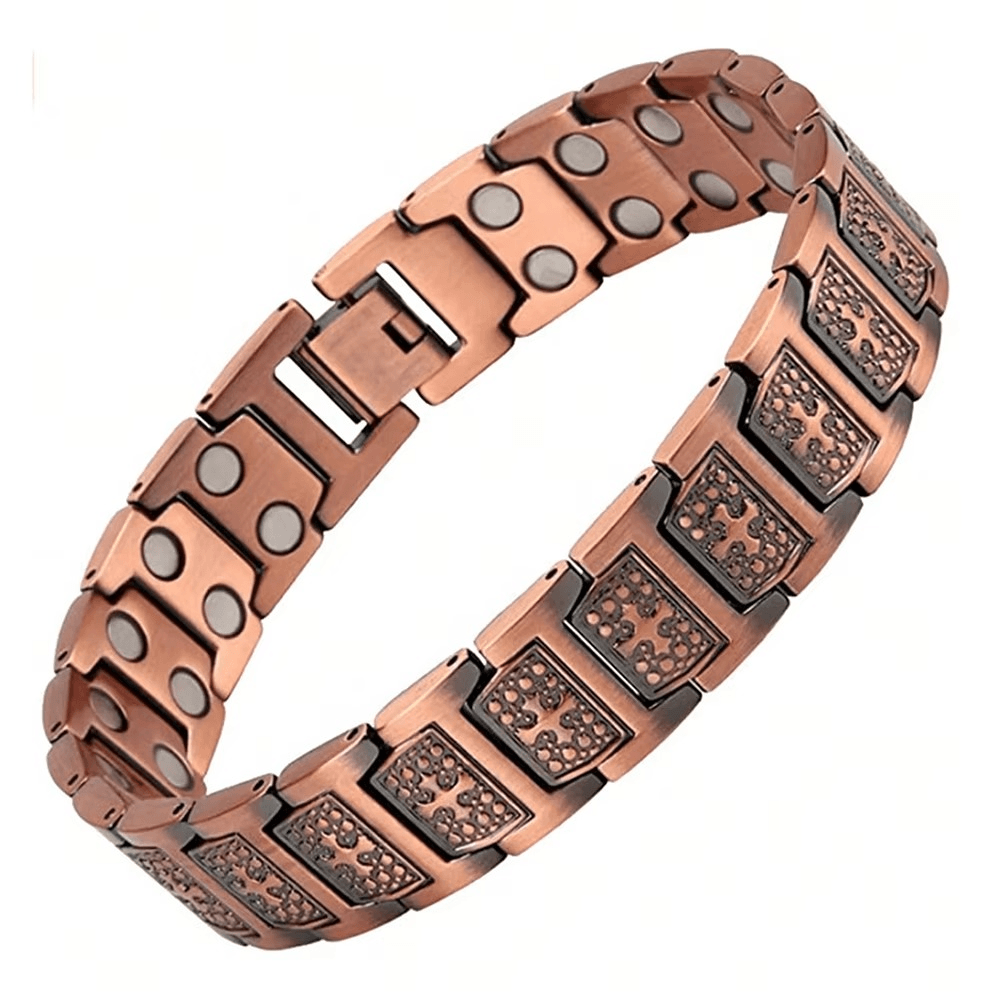 Copper-colored bracelet with square patterns on a white background