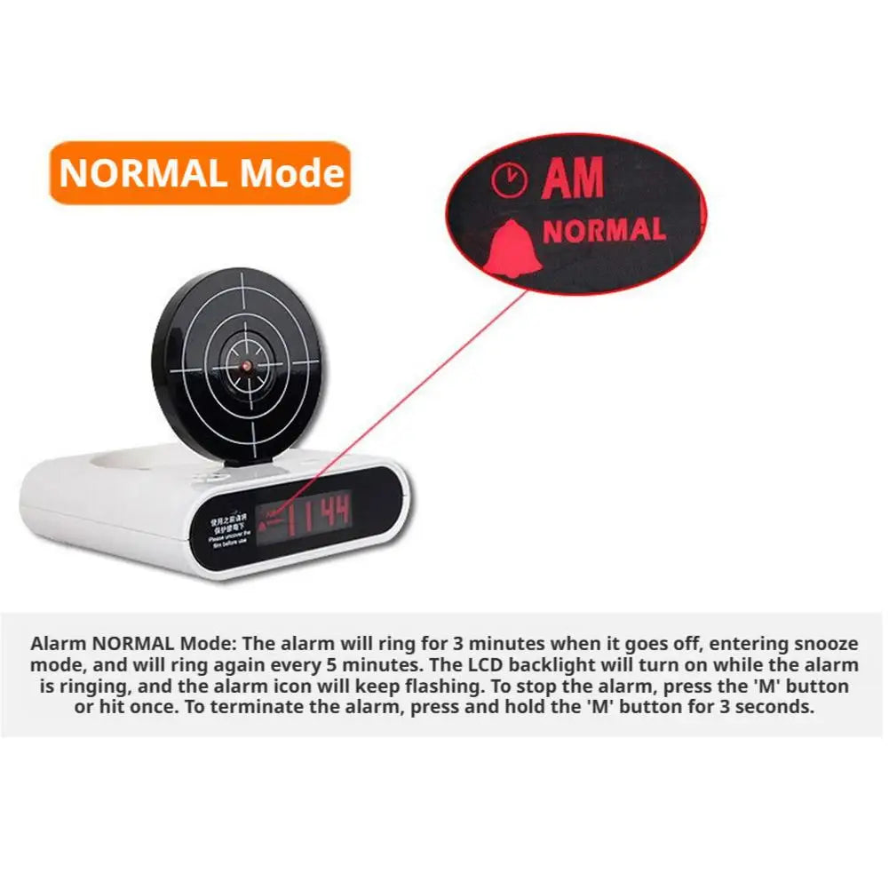 VelmoraMart target alarm clock on a nightstand with an infrared blaster, showing the interactive shooting target feature