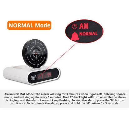 VelmoraMart target alarm clock on a nightstand with an infrared blaster, showing the interactive shooting target feature