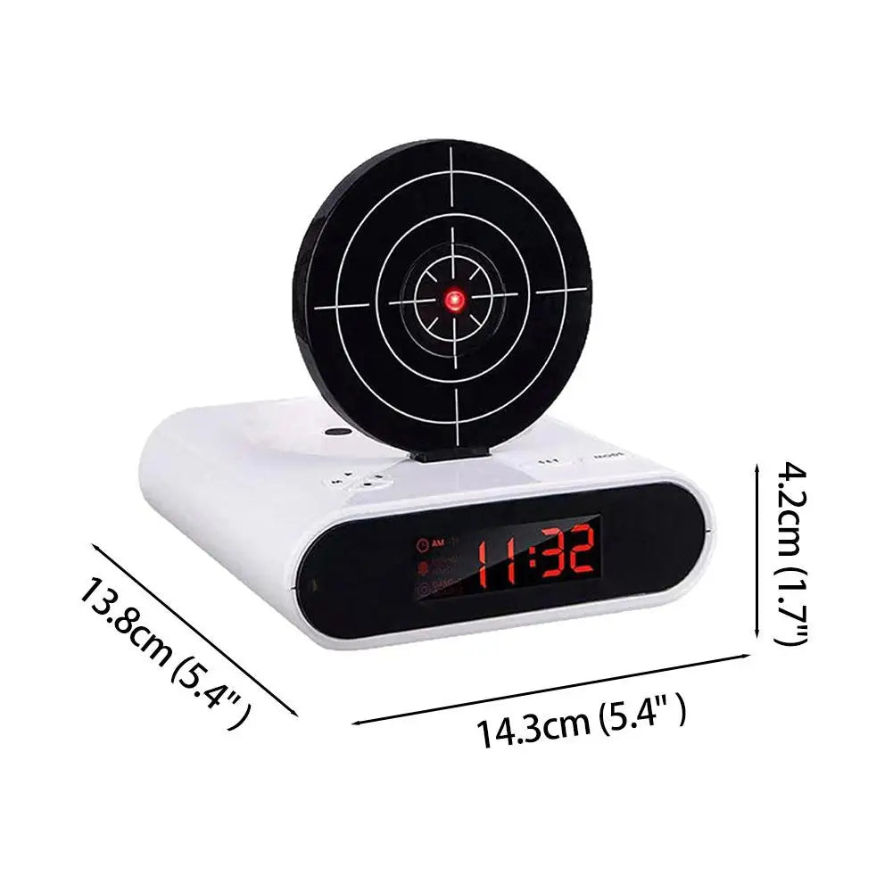 VelmoraMart target alarm clock on a nightstand with an infrared blaster, showing the interactive shooting target feature