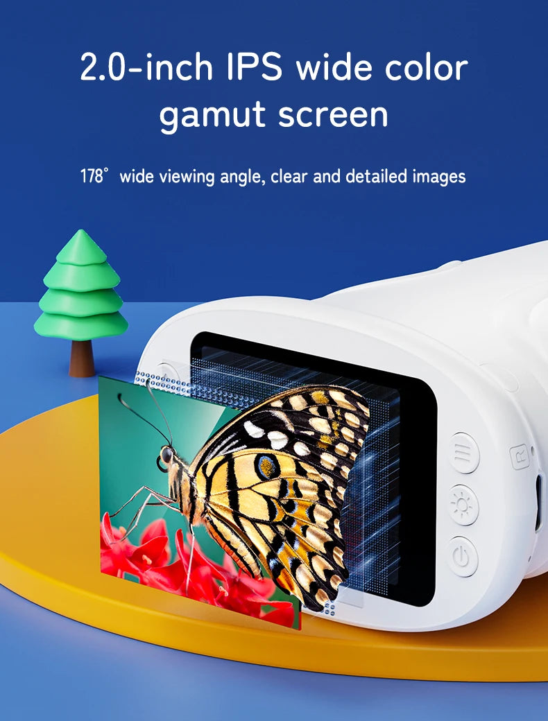 A user holding a compact VelmoraMart LED pocket microscope to examine a leaf in a garden