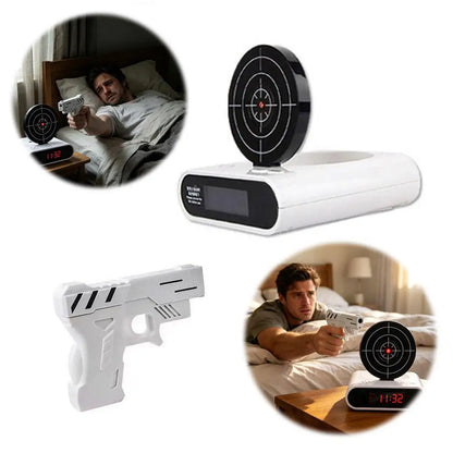 VelmoraMart target alarm clock on a nightstand with an infrared blaster, showing the interactive shooting target feature