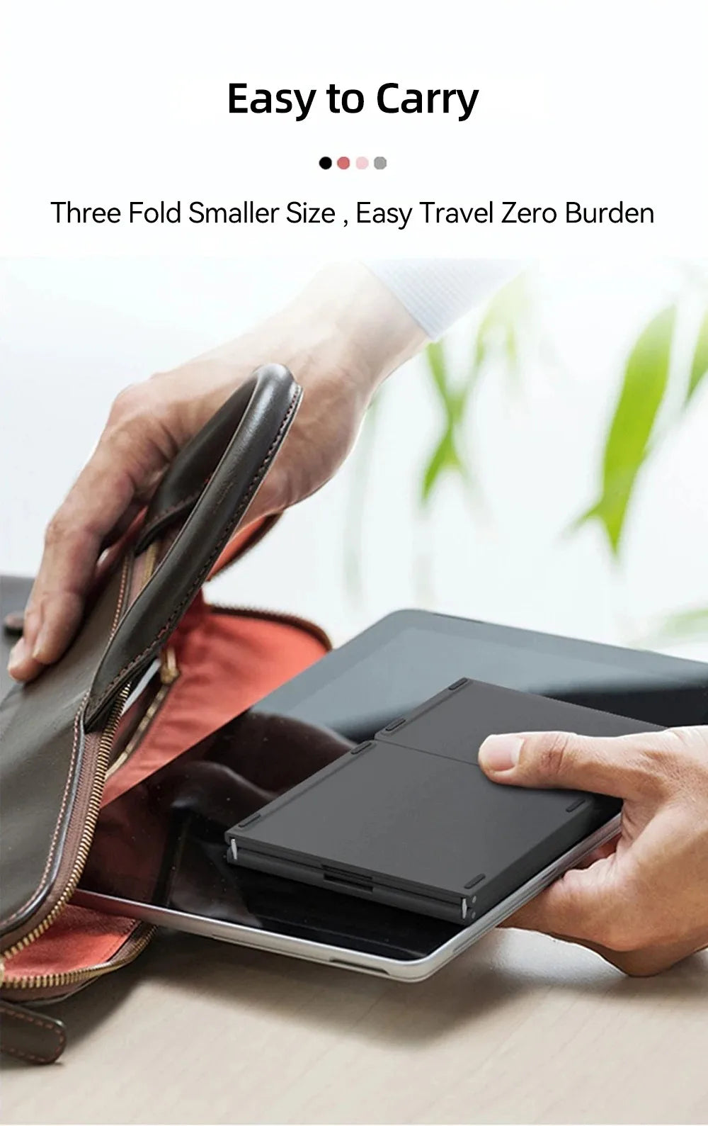 A premium foldable keyboard set up on a mobile desk for travel.