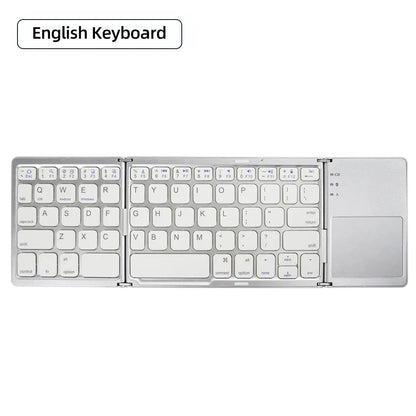 A premium foldable keyboard set up on a mobile desk for travel.