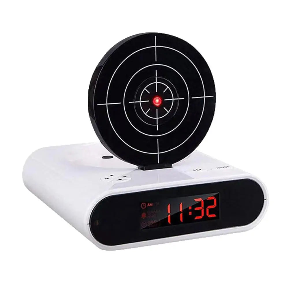 VelmoraMart target alarm clock on a nightstand with an infrared blaster, showing the interactive shooting target feature