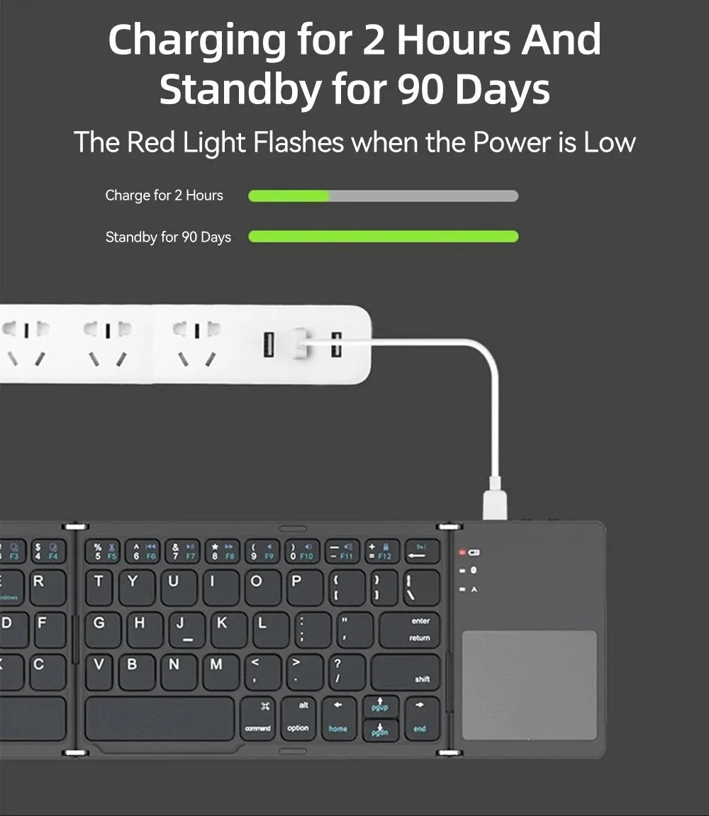 A premium foldable keyboard set up on a mobile desk for travel.