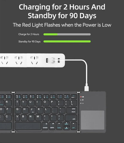 A premium foldable keyboard set up on a mobile desk for travel.