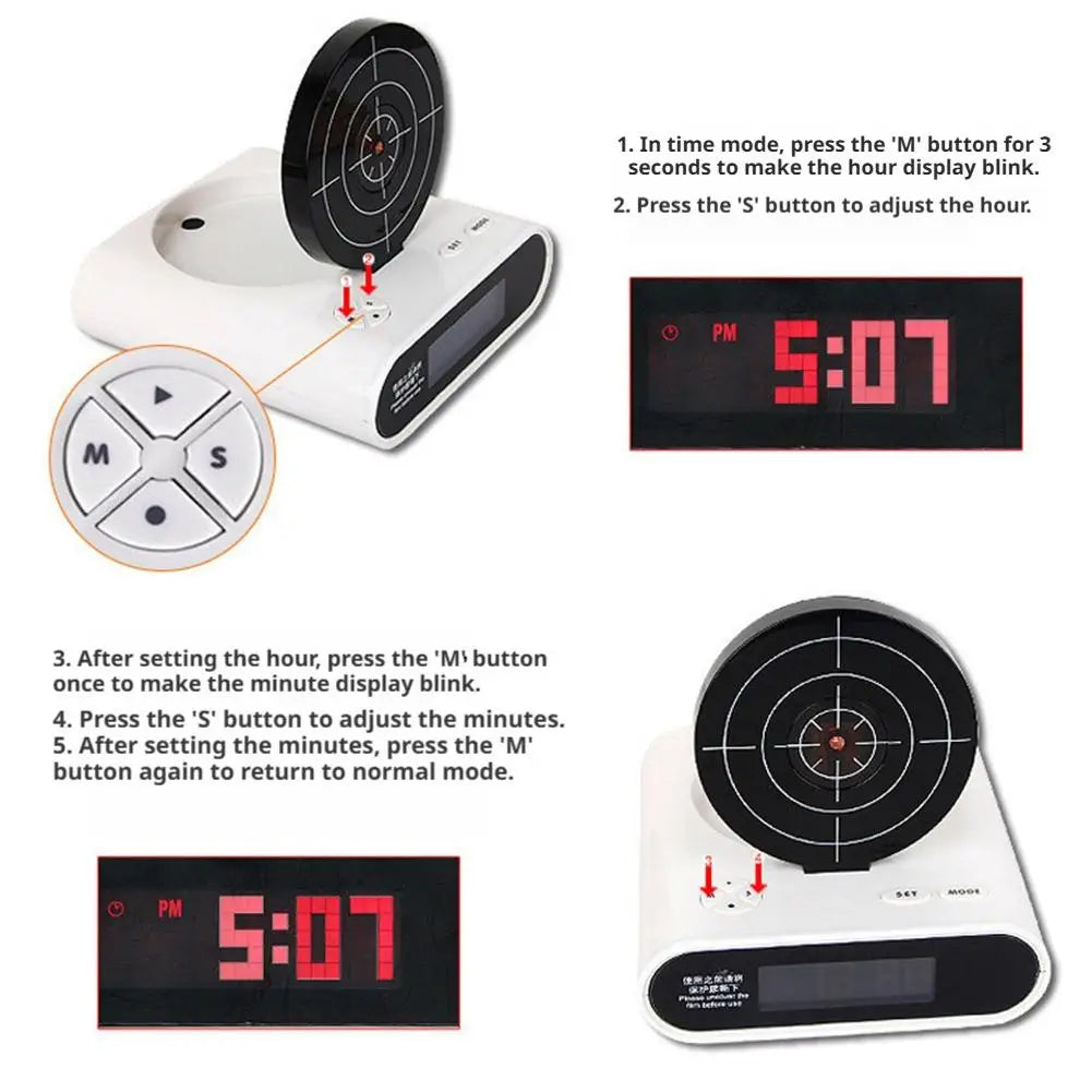 VelmoraMart target alarm clock on a nightstand with an infrared blaster, showing the interactive shooting target feature