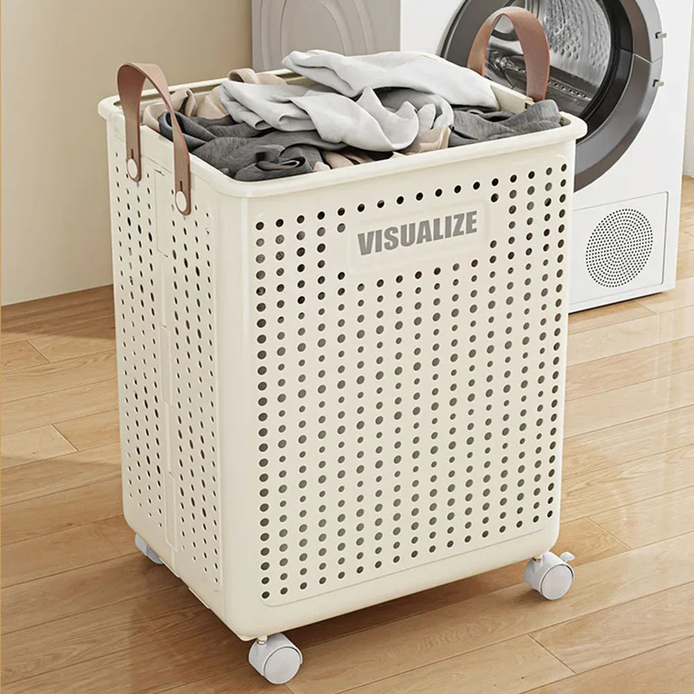 Plastic laundry basket on wheels with large rolling design for clothes, towels, and household storage, durable laundry hamper by VelmoraMart