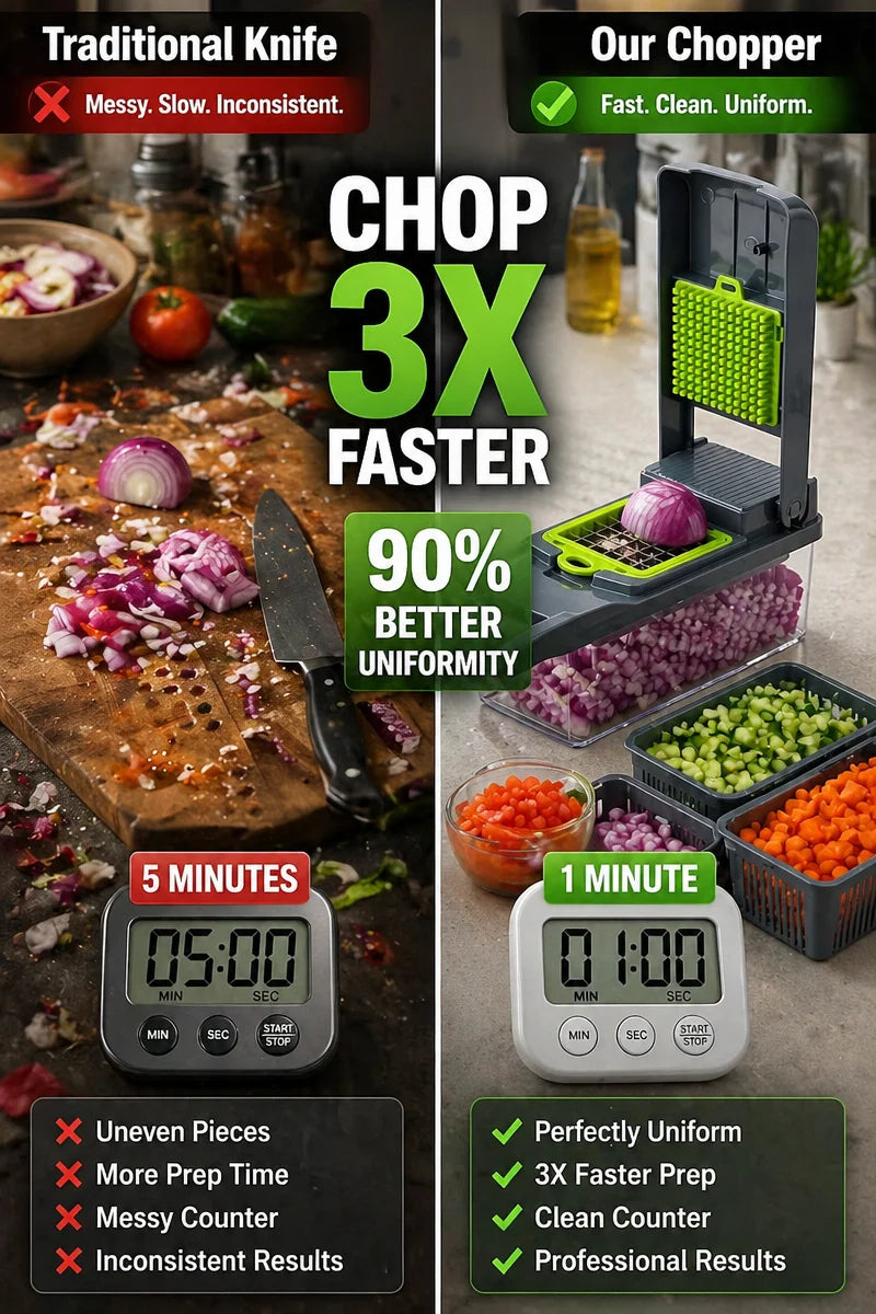 Manual vegetable chopper slicing fresh vegetables on a kitchen counter