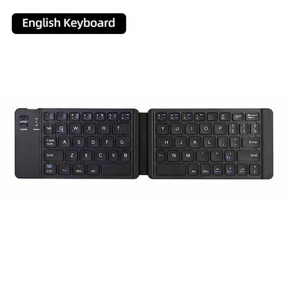 A premium foldable keyboard set up on a mobile desk for travel.