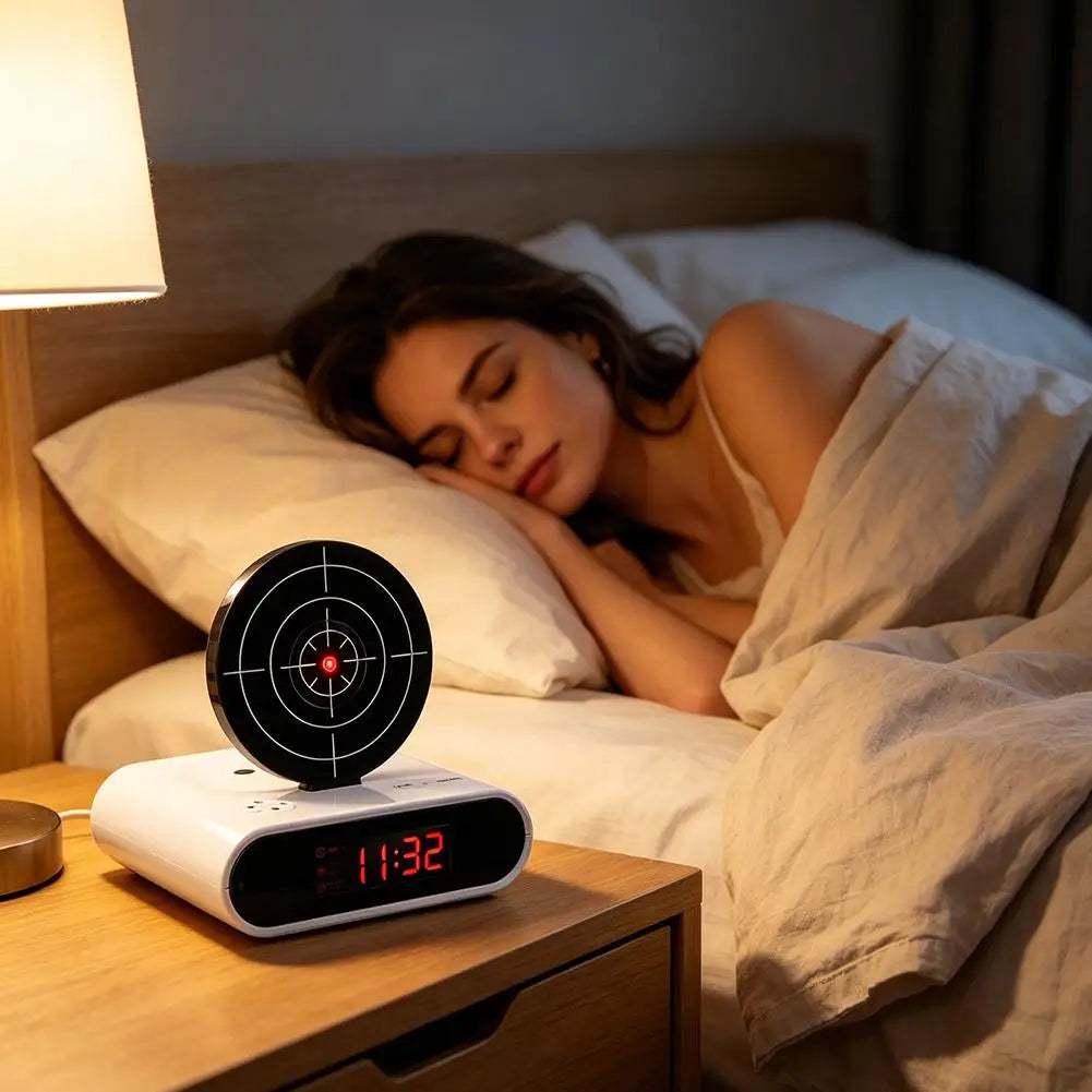 VelmoraMart target alarm clock on a nightstand with an infrared blaster, showing the interactive shooting target feature