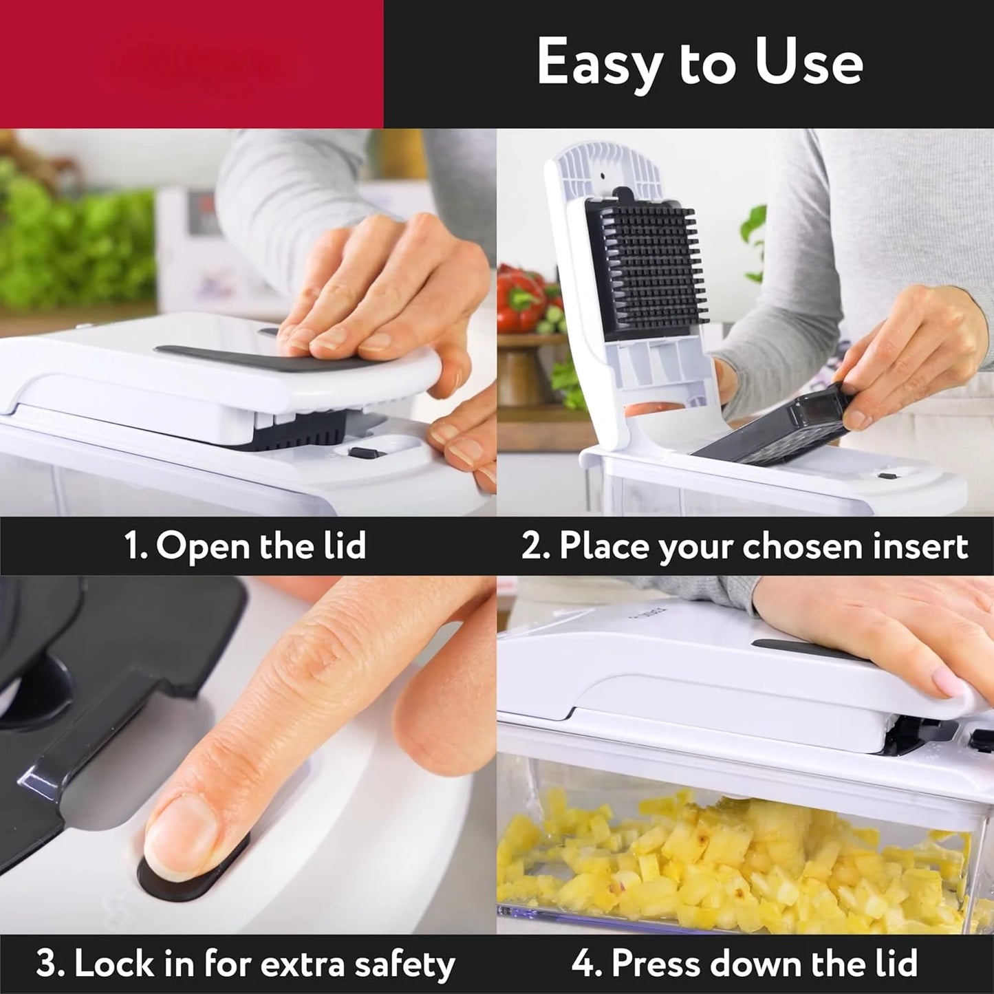Multifunctional vegetable food cutter slicing fresh zucchini on a kitchen counter