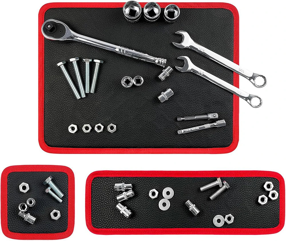 VelmoraMart magnetic tool holder mat securely holding metal hand tools on a workbench.