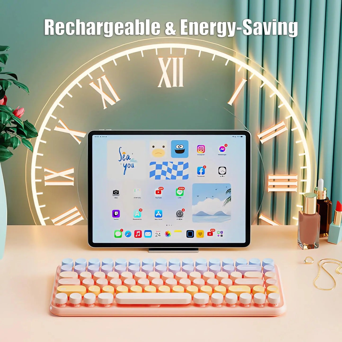 Pink mechanical typewriter keyboard for iPad and tablet