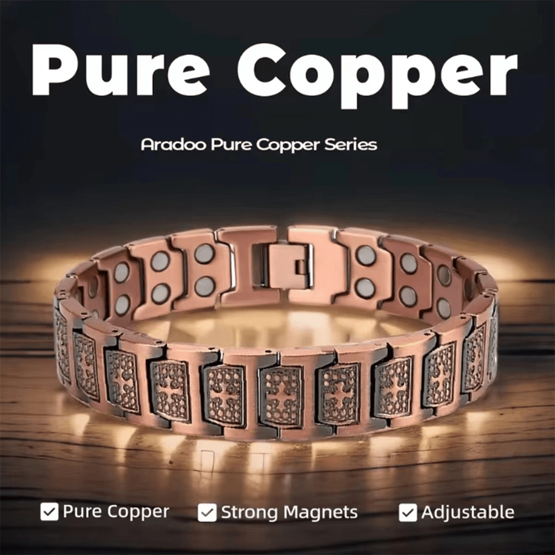 Copper magnetic bracelet with a man wearing it on a white background