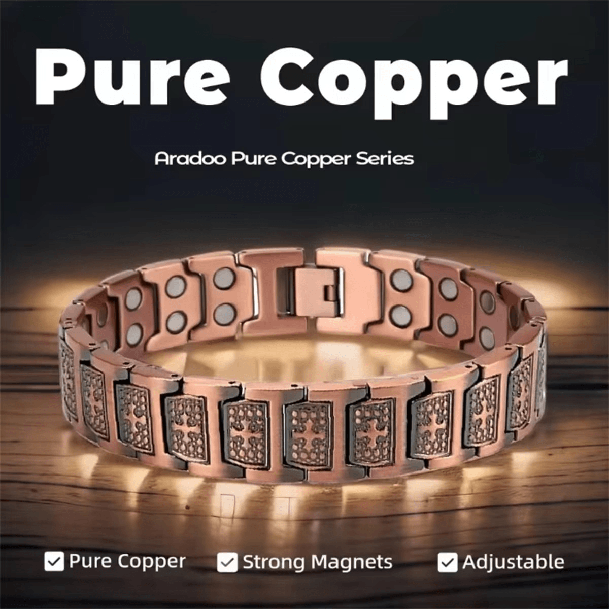 Pure Copper bracelet with magnets on a wooden surface, featuring the Aradoo brand.