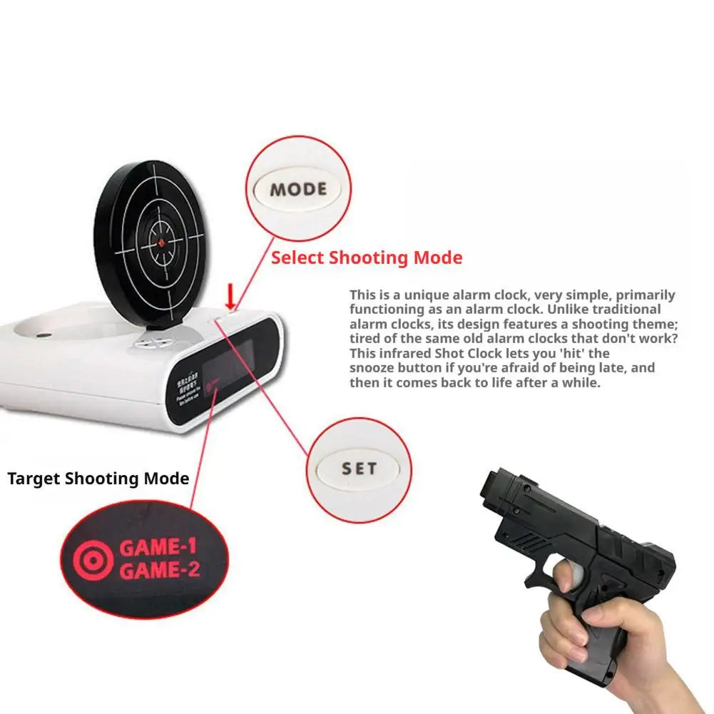 VelmoraMart target alarm clock on a nightstand with an infrared blaster, showing the interactive shooting target feature