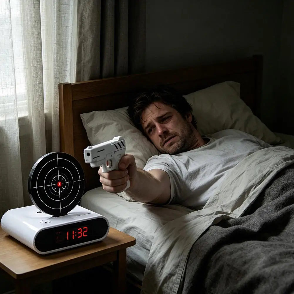 VelmoraMart target alarm clock on a nightstand with an infrared blaster, showing the interactive shooting target feature