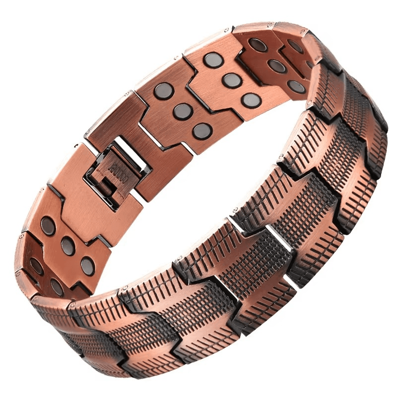 Copper metal bracelet with a white background